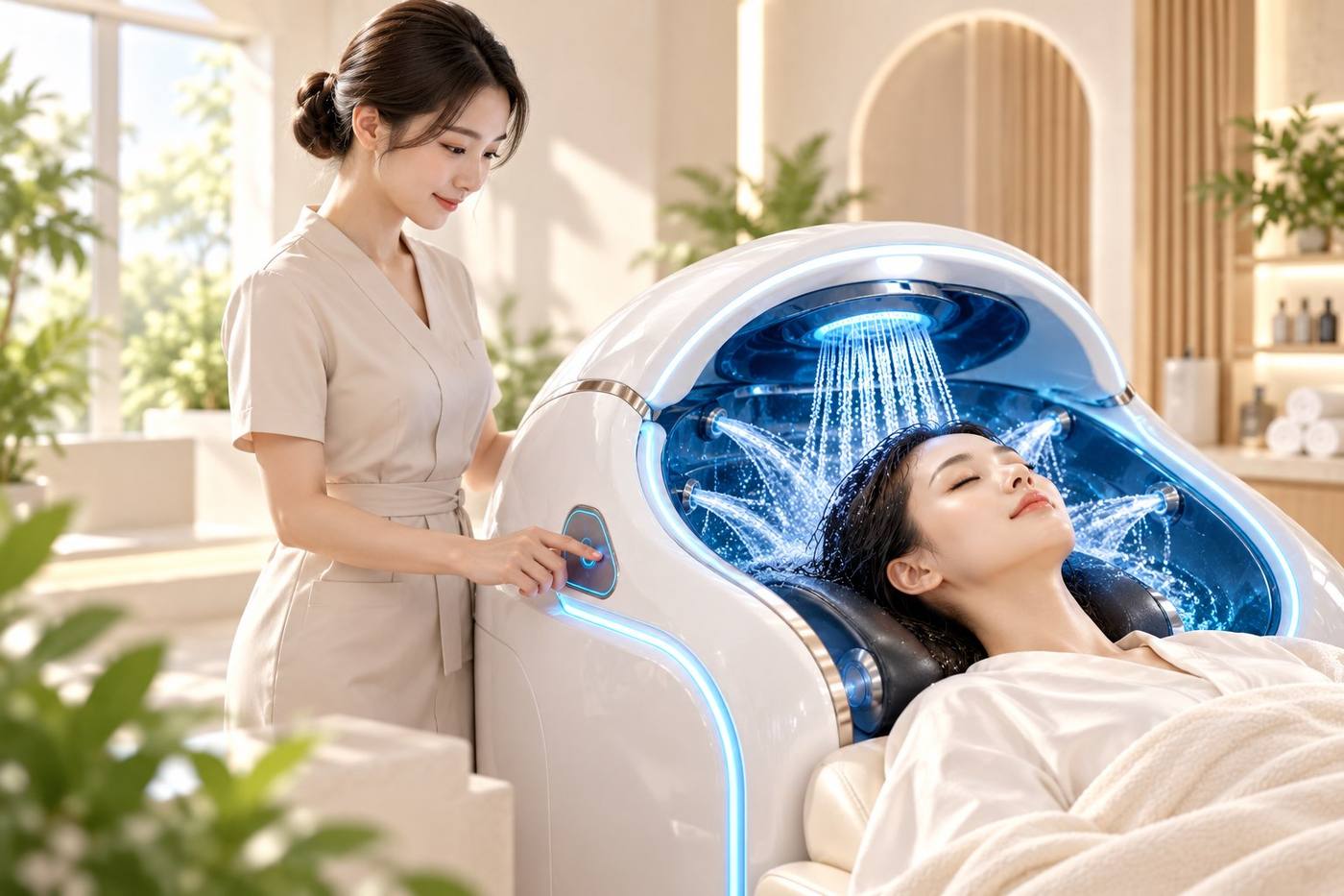 服務人員在智能洗髮設備旁操作控制介面